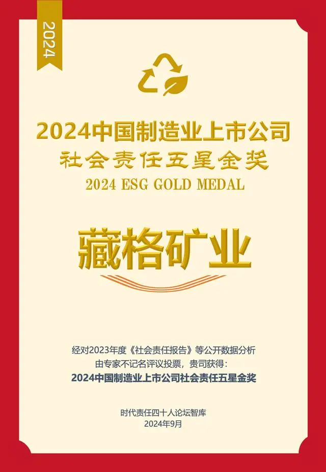 Zangge Mining Wins 2024 Five-Star Gold Award for Corporate Social Responsibility among Chinese Listed Manufacturing Companies